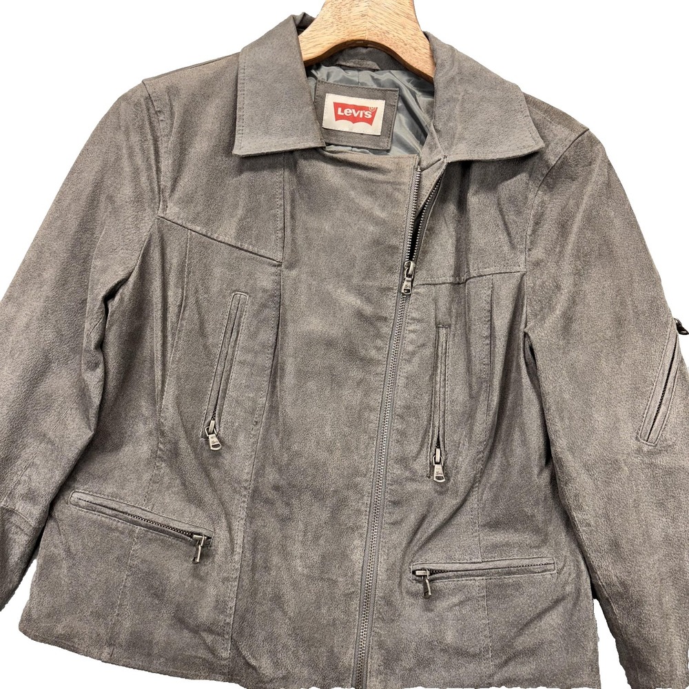 Levis Jacket Womens Large Gray Genuine Leather Zip Pockets Moto Biker Lined